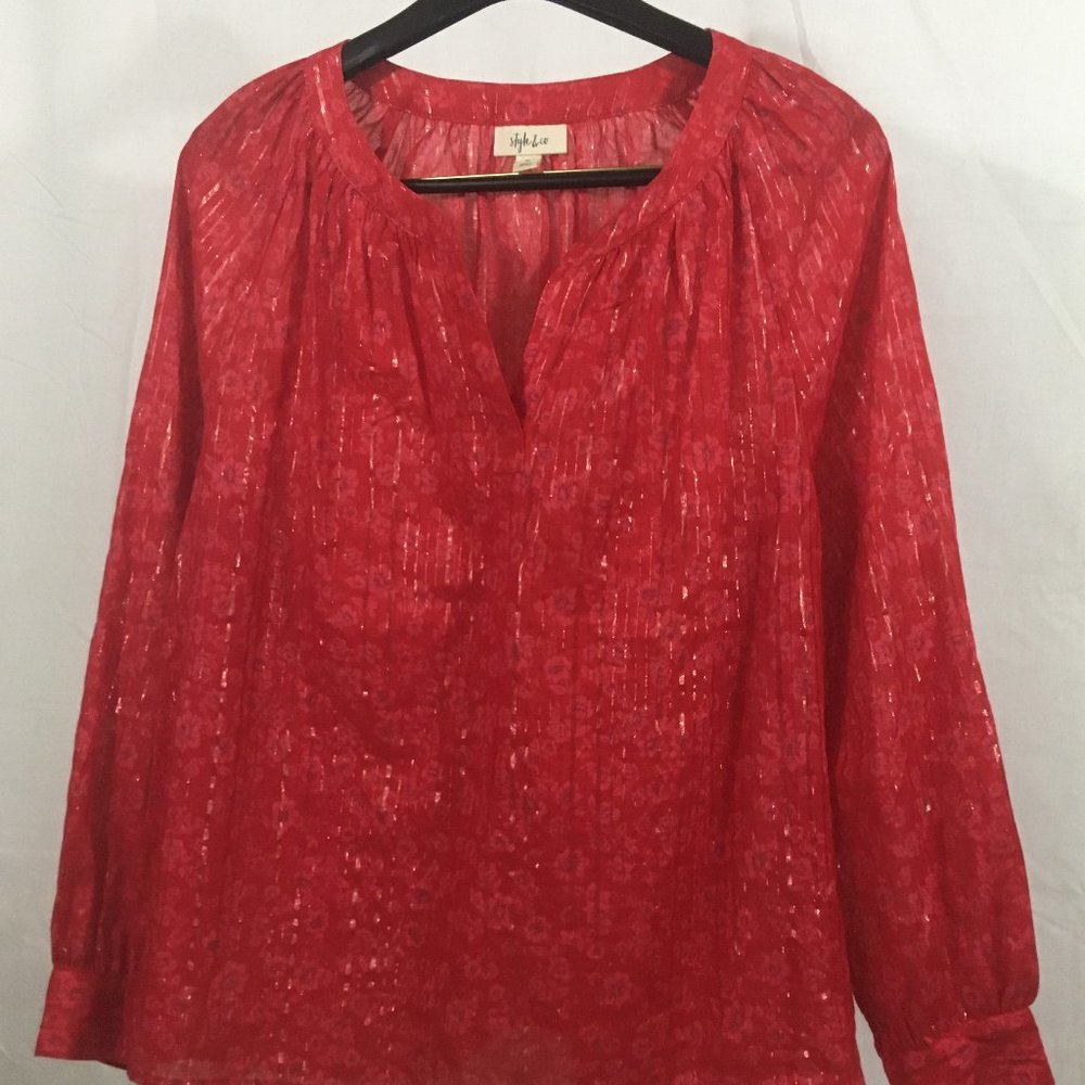 * style & co. long-sleeve red cotton v-neck top,  size XL, w/metallic threading